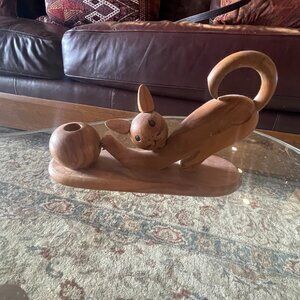 Mid Century Italian Wooden Cat with Ball Pen Holder